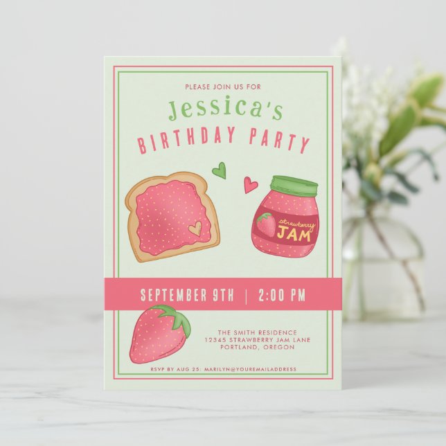 Sweet Strawberry Toast and Jam Birthday Party Invitation (Standing Front)