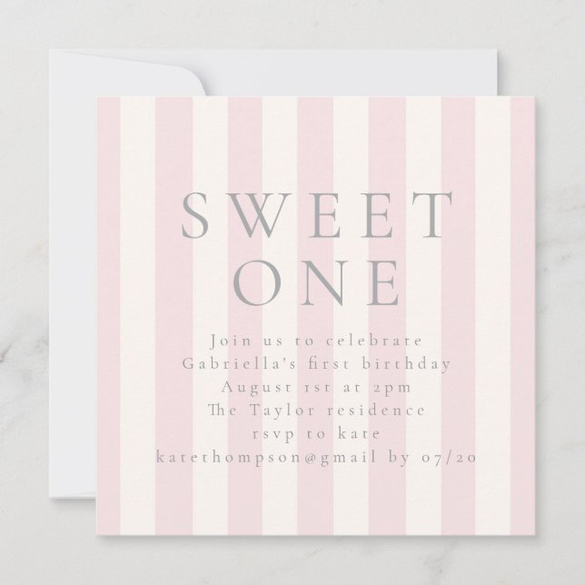 Sweet Stripes first birthday pink invite (Front)