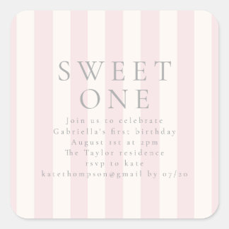 Sweet Stripes first birthday pink invite Square Sticker