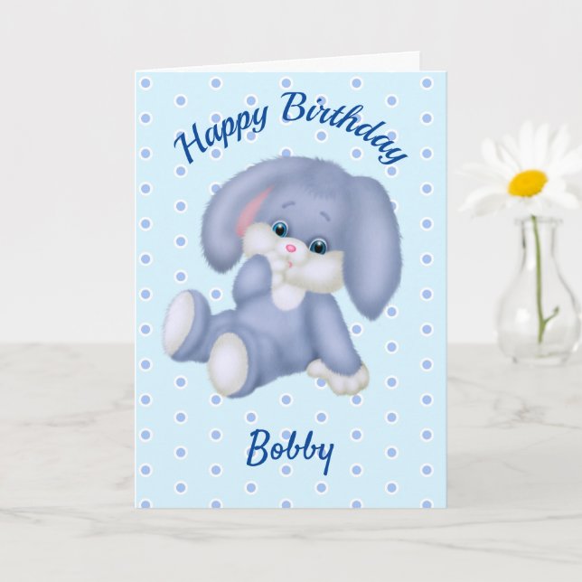 Sweet Stuffed Bunny Boys Birthday Name Age  Card (Small Plant)
