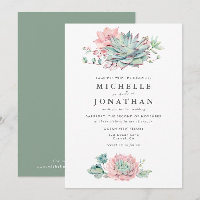 Sweet Succulent Pink Green Wedding  Invitation (Front/Back)
