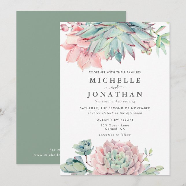 Sweet Succulent Pink Green Wedding  Invitation (Front/Back)
