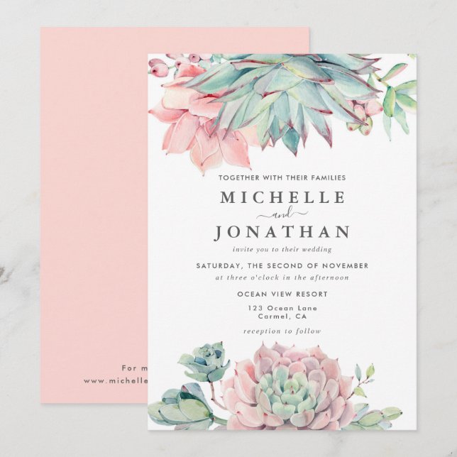 Sweet Succulent Pink Green Wedding  Invitation (Front/Back)