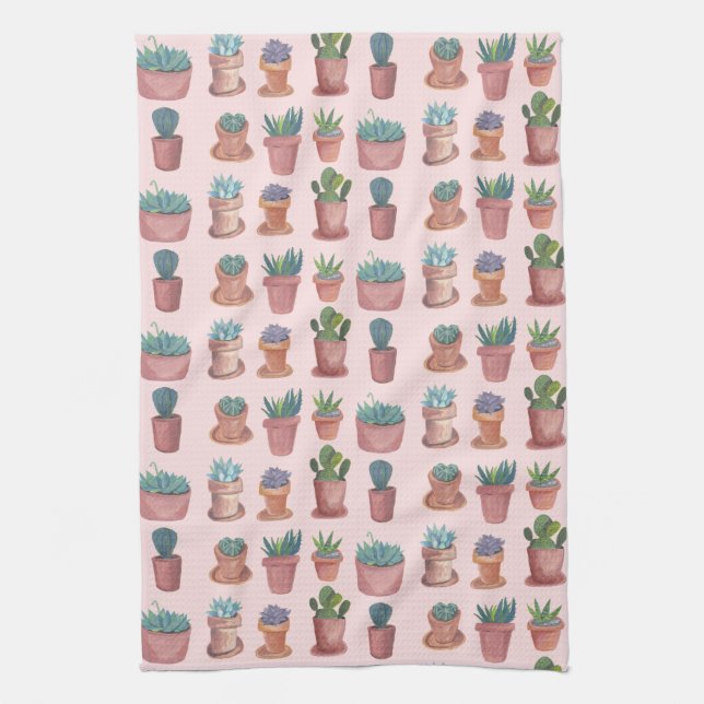 Sweet succulents cacti watercolor kitchen towel (Vertical)