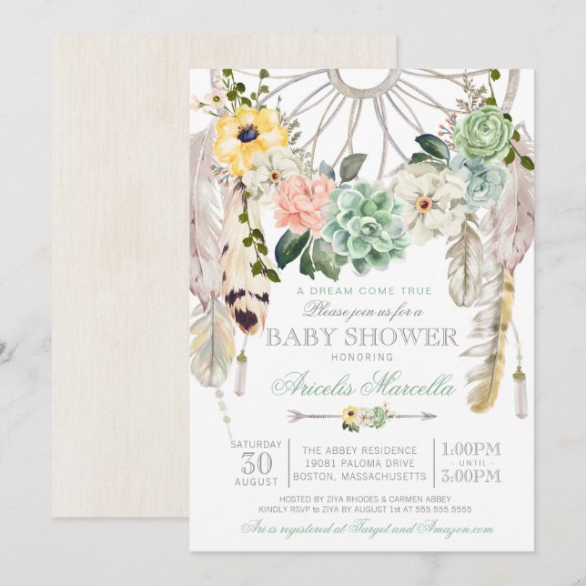 Sweet Succulents Dream Catcher Boho Baby Shower Invitation (Front/Back)