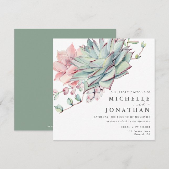 Sweet Succulents Pink Green Wedding  Invitation (Front/Back)