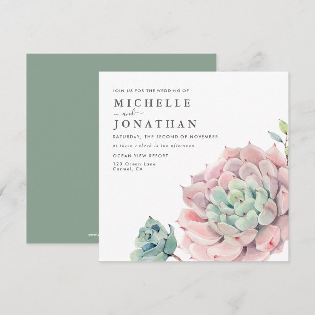 Sweet Succulents Pink Green Wedding  Invitation (Front/Back)
