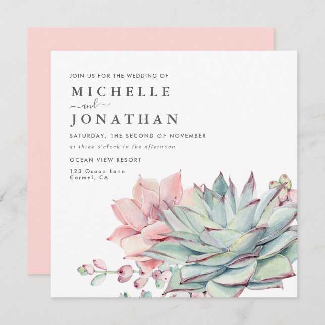Sweet Succulents Pink Green Wedding  Invitation (Front/Back)