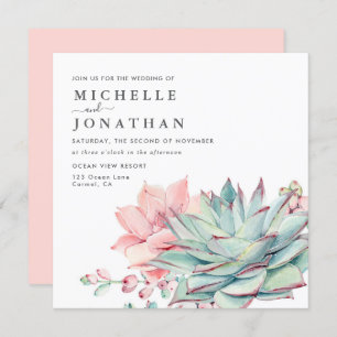Sweet Succulents Pink Green Wedding Invitation