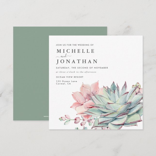 Sweet Succulents Pink Green Wedding  Invitation (Front/Back)
