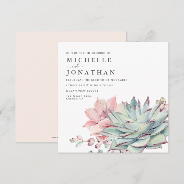 Sweet Succulents Pink Green Wedding  Invitation (Front/Back)