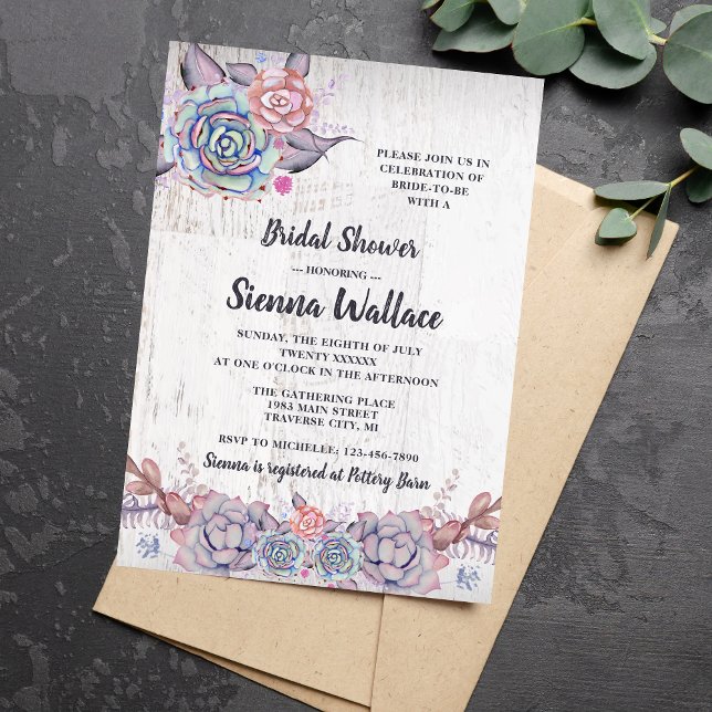 Sweet Succulents Rustic Watercolor Bridal Shower Invitation (Creator Uploaded)