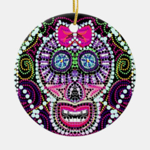 Sweet Sugar Skull With Pink Bow Ceramic Tree Decoration