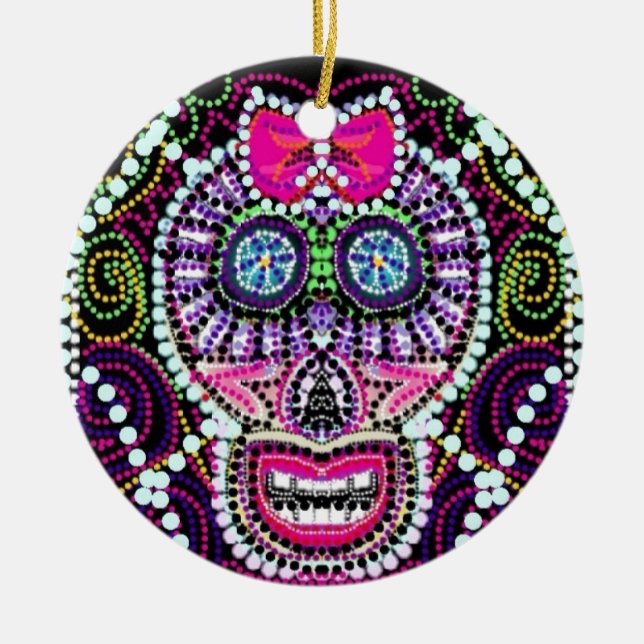 Sweet Sugar Skull With Pink Bow Ceramic Tree Decoration (Front)