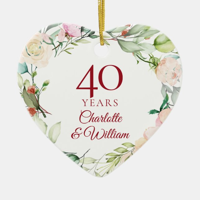 Sweet Summer Roses Garland 40th Anniversary Ceramic Tree Decoration (Front)