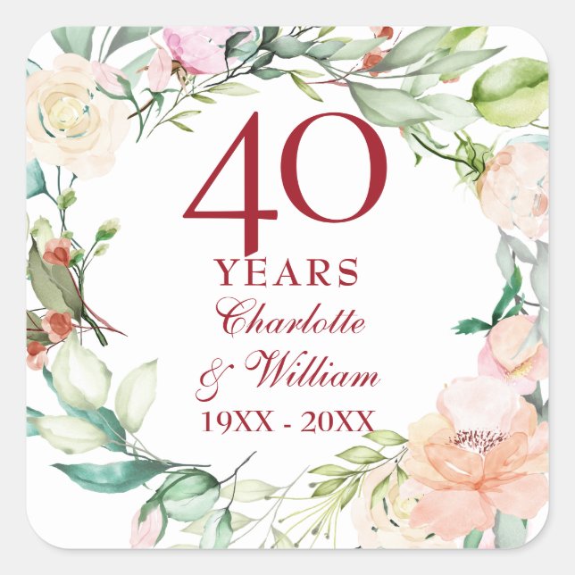 Sweet Summer Roses Garland 40th Anniversary Square Sticker (Front)