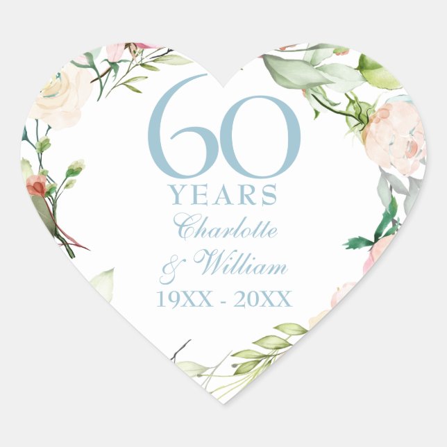 Sweet Summer Roses Garland 60th / 75th Anniversary Heart Sticker (Front)