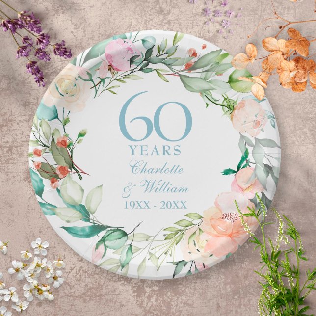 Sweet Summer Roses Garland 60th / 75th Anniversary Paper Plate (Creator Uploaded)