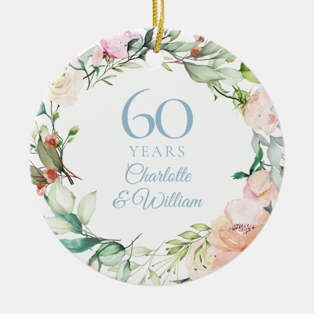 Sweet Summer Roses Garland 60th Anniversary Ceramic Tree Decoration (Front)