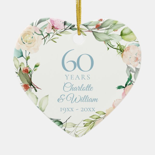Sweet Summer Roses Garland 60th Anniversary Photo Ceramic Tree Decoration (Front)