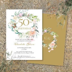 Sweet Summer Roses Garland Monogram 50th Birthday Invitation