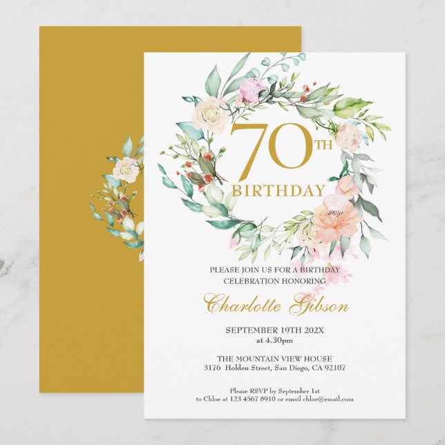 Sweet Summer Roses Garland Monogram 70th Birthday Invitation (Front/Back)
