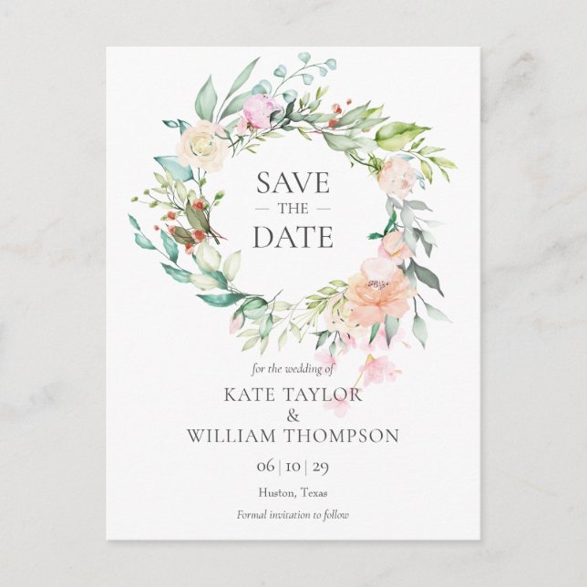Sweet Summer Roses Garland Save the Date Announcement Postcard (Front)