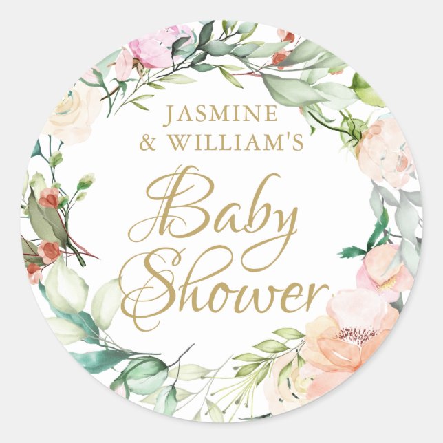 Sweet summer roses gold script couples baby shower classic round sticker (Front)
