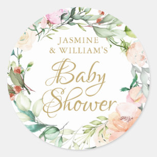 Sweet summer roses gold script couples baby shower classic round sticker