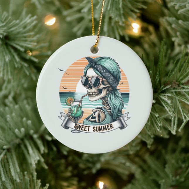 Sweet Summer Skeleton Retro Sunset Design Ceramic Tree Decoration (Tree)