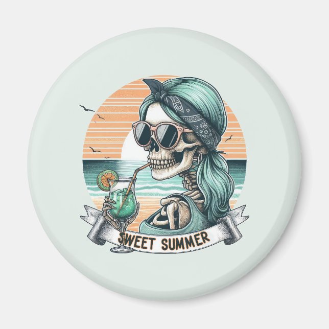 Sweet Summer Skeleton Retro Sunset Design Magnet (Front)