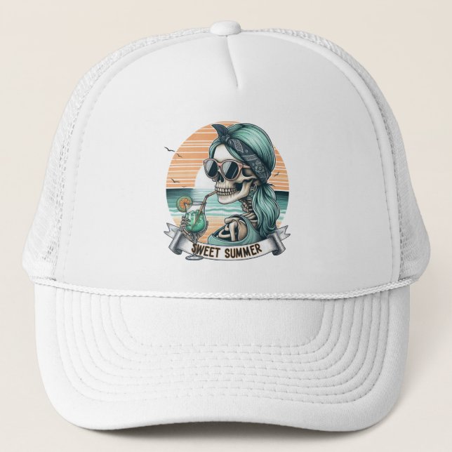 Sweet Summer Skeleton Retro Sunset Design Trucker Hat (Front)