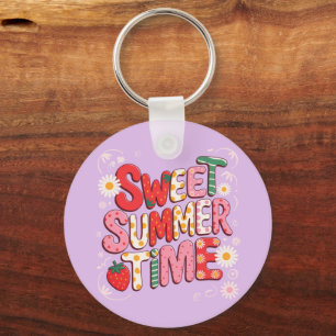 Sweet Summer Time Coquette Strawberry Retro Beach Key Ring