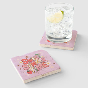 Sweet Summer Time Coquette Strawberry Retro Beach  Stone Coaster