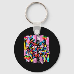 Sweet Summer Time Strawberry Pink Coquette Bow Key Ring