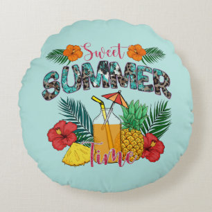 Sweet Summer Time   Tropical Fruits & Floral Round Cushion
