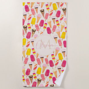 Sweet Summer Watercolor Ice Cream Beach Towel