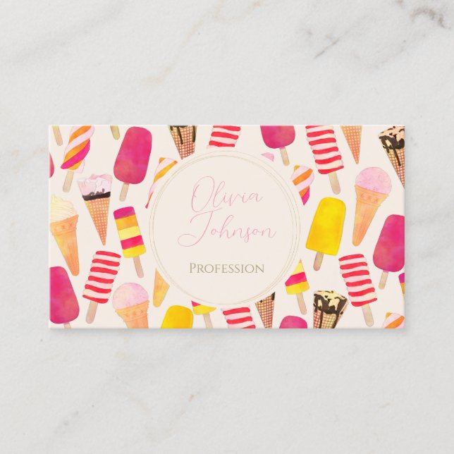 Sweet Summer Watercolor Ice Cream Business Card (Front)