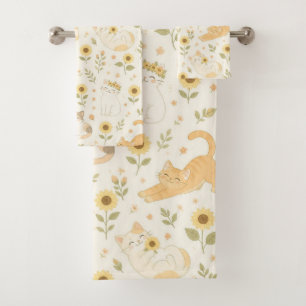 Sweet Sunflower Garden and Happy Cats Bath Towel Set