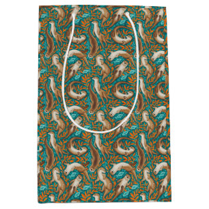 Sweet Swimming Otters in Teal and Orange Gouache Medium Gift Bag