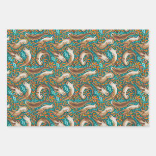 Sweet Swimming Otters in Teal and Orange Gouache Wrapping Paper Sheet