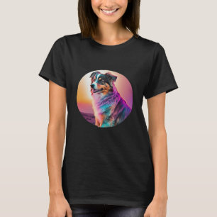 Sweet Synthwave Australian Shepherd with 80s Twist T-Shirt