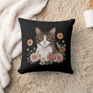 Sweet Tabby Cat with Flowers  Cushion