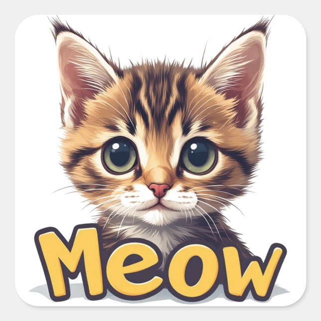 Sweet Tabby Kitten With Meow Message Cute Cat 🐱 Square Sticker (Front)