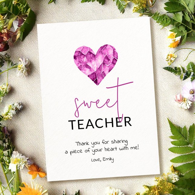 Sweet teacher with purple watercolour heart holiday card (Creator Uploaded)