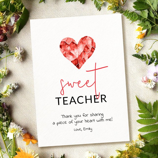 Sweet teacher with red watercolour diamond heart holiday card (Creator Uploaded)