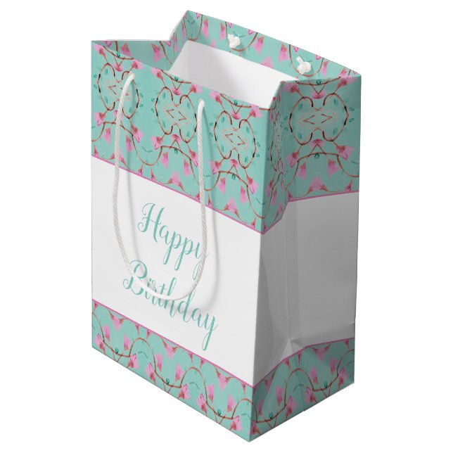 Sweet Teal and Pink Patterned Gift Bag (Back Angled)