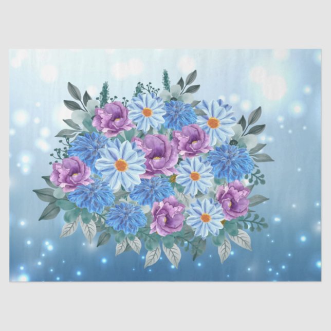 Sweet Teal Purple Blue Floral Bouquet Decoupage Tissue Paper (Front)