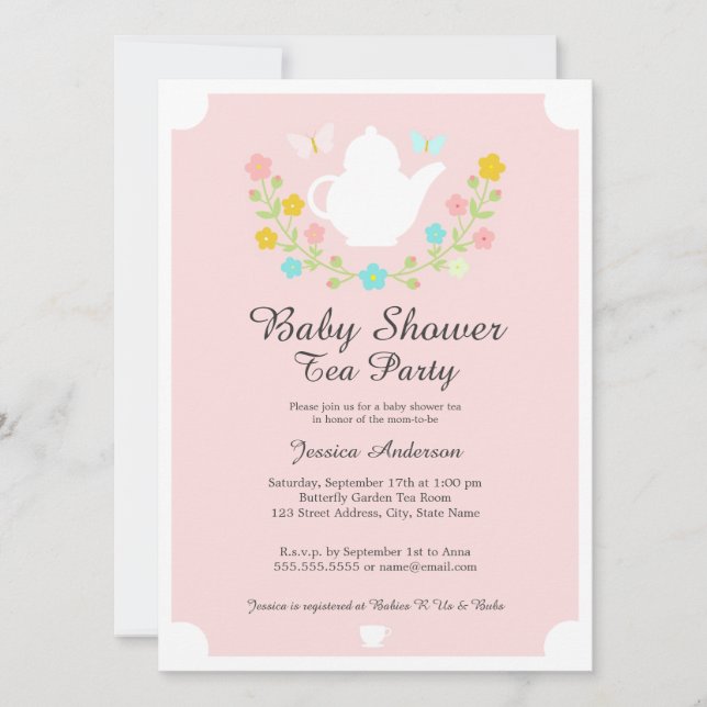 Sweet TeaPot Pink Floral Baby Shower Invitation (Front)