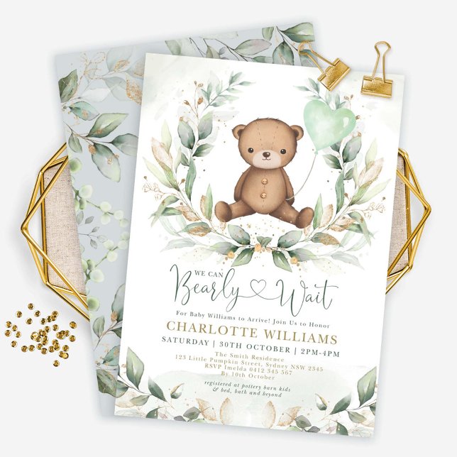 Sweet Teddy Bear Baby Shower Greenery Gold Balloon Invitation (Creator Uploaded)